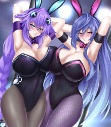Rule 34 | 2girls, alternate breast size, animal ears, armband, armpits, bare shoulders, blue hair, blush, braid, breasts, cleavage, covered navel, fake animal ears, fishnet legwear, fishnets, highres, huge breasts, iris heart, kami jigen game neptune v, large breasts, leotard, long hair, looking at viewer, multiple girls, neptune (series), pantyhose, playboy bunny, power symbol, power symbol-shaped pupils, presenting armpit, purple hair, purple heart (neptunia), rabbit ears, red eyes, seshiro (which501), smile, symbol-shaped pupils, twin braids, very long hair