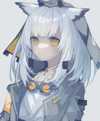 Rule 34 | 1girl, absurdres, arknights, closed mouth, commentary, expressionless, feather hair, goggles, goggles around neck, grey background, grey jacket, highres, hood, hood up, jacket, looking at viewer, medium hair, miike (992058), ptilopsis (arknights), shirt, simple background, sketch, solo, upper body, white hair, white shirt, yellow eyes