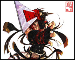 Rule 34 | 1boy, abs, arc system works, bad id, bad pixiv id, belt, brown hair, covering privates, covering face, covering own eyes, fingerless gloves, gloves, grin, guilty gear, long hair, male focus, muscular, simple background, sleeveless, smile, sol badguy, solo, spiked hair, sword, teeth, weapon, yukikaseni