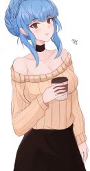 Rule 34 | 1girl, alternate costume, bare shoulders, black skirt, blue hair, blush, braid, breasts, brown eyes, choker, cleavage, coffee cup, collarbone, commentary, cowboy shot, cup, disposable cup, english commentary, eyelashes, fire emblem, fire emblem: three houses, hand up, highres, holding, kgctcg, looking at viewer, marianne von edmund, medium breasts, medium hair, nintendo, parted lips, ribbed sweater, sidelocks, simple background, skirt, solo, sweater, tan sweater, twitter username, white background