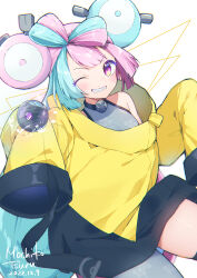 Rule 34 | 1girl, absurdres, aqua hair, artist name, bare shoulders, blush, character hair ornament, commentary request, creatures (company), dated, game freak, grey pantyhose, grey shirt, grin, hair ornament, highres, iono (pokemon), jacket, long hair, long sleeves, looking at viewer, mochiko tsuru, multicolored hair, nintendo, one eye closed, oversized clothes, pantyhose, pokemon, pokemon sv, purple eyes, purple hair, sharp teeth, shirt, single leg pantyhose, sleeveless, sleeveless shirt, sleeves past fingers, sleeves past wrists, smile, solo, split-color hair, teeth, two-tone hair, very long hair, very long sleeves, yellow jacket