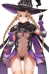 Rule 34 | absurdres, black gloves, black panties, blonde hair, blue eyes, bodystocking, braid, breasts, capelet, center opening, commission, commissioner upload, cosplay, covered navel, daweykun, fingerless gloves, fire emblem, fire emblem fates, gloves, gluteal fold, hat, highleg, highleg leotard, highres, hilda (stella glow), hilda (stella glow) (cosplay), leotard, long hair, looking at viewer, medium breasts, nina (fire emblem), nintendo, non-web source, panties, pantyhose, parted bangs, smile, solo, thighhighs, transparent background, twin braids, underwear, upper body, witch hat
