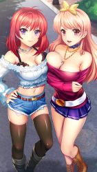 Rule 34 | 2girls, :d, antenna hair, asymmetrical docking, black bra, black footwear, black legwear, blue shorts, boots, bra, breast press, breasts, brown footwear, brown hair, cleavage, closed mouth, collarbone, crop top, crossed arms, denim, denim shorts, doukyuusei another world, earrings, game cg, hair between eyes, hairband, hand on own hip, jewelry, kakyuusei, kishimoto sae, knee boots, large breasts, long hair, long sleeves, looking at viewer, medium breasts, midriff, miniskirt, mole, mole under eye, multiple girls, navel, necklace, off-shoulder shirt, off shoulder, official art, open mouth, pleated skirt, purple eyes, purple skirt, red eyes, red hair, red shirt, shiny clothes, shiny legwear, shirt, short shorts, shorts, skirt, sleeves past wrists, smile, standing, stomach, tachibana mayumi, thighhighs, torn clothes, torn shorts, underwear, very long hair, white shirt, yellow hairband, zettai ryouiki