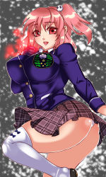 Rule 34 | 1girl, ass, blush, breasts, dead or alive, gloves, hair ornament, highres, honoka (doa), huge breasts, long hair, looking at viewer, ogachin, open mouth, panties, pink eyes, pink hair, plaid, plaid skirt, school uniform, shiny skin, single glove, skirt, smile, solo, thighhighs, twintails, underwear, upskirt