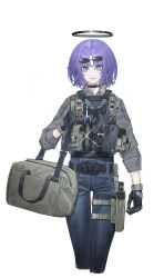 Rule 34 | 1girl, alternate costume, alternate hairstyle, ammunition pouch, bag, belt, black choker, black gloves, blue archive, blue eyes, choker, cowboy shot, cropped legs, denim, echj, eyewear on head, glasses, gloves, gun, halo, hand up, highres, holster, jacket, jeans, load bearing vest, long sleeves, magazine (weapon), pants, parted bangs, pince-nez, pouch, purple hair, red pupils, rimless eyewear, short hair, shoulder bag, simple background, solo, tactical clothes, thigh holster, tinted eyewear, weapon, white background, yuuka (blue archive)