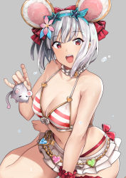 Rule 34 | 1girl, animal, animal ears, barefoot, bikini, breasts, choker, eyewear on head, fai, flower, frilled bikini, frilled choker, frills, granblue fantasy, grey background, hair flower, hair ornament, highres, holding, holding animal, looking at viewer, medium breasts, mouse (animal), mouse ears, navel, open mouth, red eyes, short hair, silver hair, simple background, solo, star-shaped eyewear, star (symbol), striped bikini, striped clothes, sunlight, swimsuit, vikala (blooming summer wallflower) (granblue fantasy), vikala (granblue fantasy)