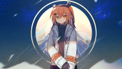 Rule 34 | 1girl, a.i. voice, adachi rei, black gloves, black skirt, boringkk, circle, closed mouth, gloves, hair ornament, hairclip, headlamp, highres, jacket, long sleeves, looking at viewer, medium hair, one side up, open clothes, open jacket, orange eyes, orange hair, radio antenna, skirt, solo, standing, upper body, utau, white jacket