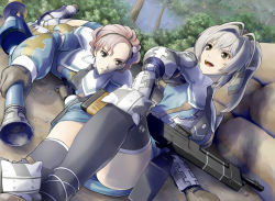 Rule 34 | 00s, 2girls, all fours, armor, brown eyes, coleen celcius, coleen celsius, female focus, forest, gloves, greaves, gun, hair ribbon, hairband, knee pads, licorice nelson, long hair, lying, military, military uniform, miniskirt, morisu, multiple girls, nature, necktie, open mouth, pauldrons, pink hair, ponytail, ribbon, rifle, rocket launcher, senjou no valkyria (series), senjou no valkyria 2, short hair, shoulder armor, side ponytail, silver hair, sitting, skirt, thighhighs, uniform, weapon