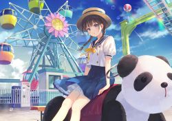 Rule 34 | 1girl, aircraft, amusement park, black hair, blue eyes, blue sailor collar, blue skirt, blue sky, blush, bow, braid, brown hat, bubble, cloud, commentary request, day, ferris wheel, fukahire (ruinon), hat, hot air balloon, long hair, looking at viewer, original, outdoors, panda, parted lips, pleated skirt, puffy short sleeves, puffy sleeves, sailor collar, school uniform, serafuku, shirt, short sleeves, short twintails, sitting, skirt, sky, solo, twin braids, twintails, white shirt, yellow bow