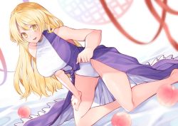 Rule 34 | 1girl, blonde hair, blush, bodystocking, breasts, buttons, commentary request, commission, dress, food, frilled dress, frills, fruit, gold trim, hand on own thigh, kaede (mmkeyy), kneeling, large breasts, leotard, long hair, looking at viewer, peach, purple dress, red ribbon, ribbon, round window, shiny skin, simple background, single strap, skeb commission, smile, solo, taut leotard, thighs, touhou, watatsuki no toyohime, white background, white leotard, window, yellow eyes