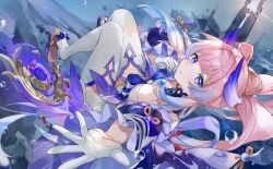 Rule 34 | 1girl, air bubble, blue gemstone, blue hair, bow-shaped hair, breasts, bubble, closed mouth, colored tips, detached sleeves, floating hair, gem, genshin impact, gloves, half gloves, highres, long hair, long sleeves, looking at viewer, multicolored hair, sandals, sangonomiya kokomi, solo, soraneko hino, thighhighs, underwater, white gloves, white thighhighs, wide sleeves
