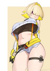 Rule 34 | absurdres, ahoge, arms behind back, black gloves, black sports bra, blonde hair, breasts, closed mouth, clothing cutout, crop top, cropped sweater, elegg (nikke), exposed pocket, gloves, goddess of victory: nikke, grey shorts, hair intakes, hair over eyes, highres, large breasts, long bangs, long sleeves, looking at viewer, micro shorts, multicolored clothes, multicolored gloves, multicolored hair, navel, purple eyes, qwas69, short hair, shorts, shoulder cutout, smile, sports bra, suspender shorts, suspenders, thigh strap, thighs, two-tone hair, yellow gloves