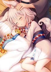 Rule 34 | 1girl, :o, animal ear fluff, animal ears, bell, blush, closed eyes, commentary request, feet out of frame, hair between eyes, headpat, highres, japanese clothes, jingle bell, kimono, lap pillow, long sleeves, lying, lying on lap, obi, on side, original, parted lips, ribbon-trimmed sleeves, ribbon trim, sakura ani, sash, seiza, short hair, sitting, sleeping, sleeping on person, solo focus, tail, white hair, white kimono, wide sleeves, wooden floor