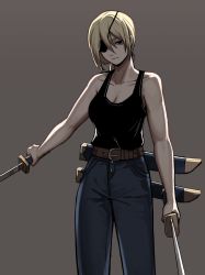 Rule 34 | 1girl, absurdres, bags under eyes, belt, black eyes, black shirt, blonde hair, blue pants, breasts, chainsaw man, cleavage, collarbone, concealed weapon, denim, expressionless, eyepatch, grey background, hair between eyes, high-waist pants, highres, holding, holding weapon, jeans, looking at viewer, medium breasts, medium hair, pants, ponytail, quanxi (chainsaw man), shirt, solo, sword, sword cane, tank top, weapon