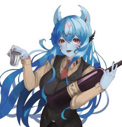 Rule 34 | 1girl, alcohol, bartender, blue hair, bottle, brown vest, calamity mod, collared shirt, cup, drinking glass, highres, holding, holding cup, long hair, long sleeves, looking at viewer, nail polish, necktie, open mouth, orange shirt, personification, polterghast, red eyes, red nails, red necktie, shirt, simple background, solo, terraria, tomatolover16, vest, white background, wine, wine bottle, wine glass