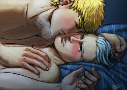 Rule 34 | 2boys, bara, blonde hair, blush, breath, closed eyes, collarbone, couple, cris art, half-closed eyes, hand on another&#039;s shoulder, hulkling, kiss, kissing cheek, lying, male focus, marvel, multiple boys, nude, on back, on bed, pectorals, playing with another&#039;s hair, short hair, sparse stubble, thick eyebrows, tommy shepherd, toned, toned male, torogao, upper body, white hair, yaoi