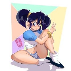 Rule 34 | 1girl, artist request, ass, black hair, blue panties, blush, bracelet, breasts, closed eyes, erika-chan, happy, highres, jewelry, long hair, medium breasts, midriff, navel, open mouth, original, panties, puffy sleeves, revealing clothes, scrunchie, shadow, shirt, short sleeves, simple background, sitting, striped clothes, striped panties, twintails, underwear, v, white shirt, wide hips