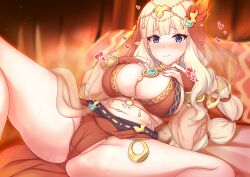Rule 34 | 1girl, blonde hair, blue eyes, blush, bra, braid, breasts, cleft of venus, collar, embarrassed, french braid, hair between eyes, hair ornament, jewelry, large breasts, looking at viewer, maca (macaca12), navel, nose blush, o-ring, on bed, orange bra, pointy ears, princess connect!, saren (princess connect!), saren (sarasaria) (princess connect!), solo, sweatdrop, underwear