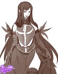 Rule 34 | 1girl, agawa ryou, armor, armored dress, artist name, bad id, bad tumblr id, bare shoulders, breastplate, castlevania (series), castlevania: order of ecclesia, cowboy shot, curtsey, curvy, elbow gloves, faulds, gloves, greyscale, lips, long hair, looking at viewer, monochrome, over-kneehighs, shanoa, side slit, simple background, smile, solo, thick thighs, thighhighs, thighs, very long hair, white background, wide hips