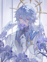 Rule 34 | 1boy, bird wings, blue hair, chinese commentary, commentary request, covered mouth, feathered wings, flower, gloves, hair between eyes, halo, halo behind head, hand up, head wings, highres, holding, holding flower, honkai: star rail, honkai (series), jacket, long sleeves, longyoushuangruozhui, looking at viewer, male focus, medium hair, purple flower, solo, sunday (honkai: star rail), turtleneck, upper body, white gloves, white jacket, wings, yellow eyes