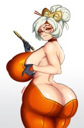 Rule 34 | 1girl, absurdres, artist name, ass, backless outfit, bare back, bare shoulders, blush, breasts, butt crack, covered erect nipples, curvy, darboo, dress, eyelashes, eyeshadow, female focus, flute, glasses, gloves, gradient background, grey background, grey hair, grin, highres, holding, holding flute, holding instrument, huge ass, huge breasts, instrument, lip biting, looking at viewer, looking back, makeup, medium hair, naughty face, nintendo, orange dress, purah, red eyes, red eyeshadow, shiny clothes, shiny skin, sideboob, skin tight, smile, solo, standing, the legend of zelda, the legend of zelda: tears of the kingdom, thick thighs, thighs, updo, wide hips