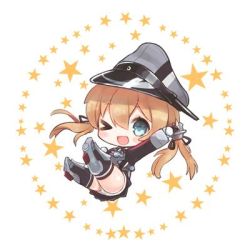 Rule 34 | 10s, 1girl, arms up, black legwear, blonde hair, blue eyes, blush, chibi, commentary request, falling, hair ornament, hair ribbon, hat, kantai collection, long hair, looking at viewer, lowres, microskirt, miniskirt, one eye closed, panties, pantyshot, peaked cap, pleated skirt, prinz eugen (kancolle), ribbon, round image, simple background, skirt, solo, star (symbol), suzuho hotaru, twintails, underwear, white panties