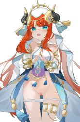 Rule 34 | 1girl, absurdres, areola slip, bare shoulders, blue eyes, blue gemstone, blush, breasts, circlet, cleft of venus, clothes lift, detached sleeves, dress, dress lift, fake horns, gem, genshin impact, gold trim, harem outfit, highres, horns, jewelry, lifted by self, long hair, long sleeves, looking at viewer, medium breasts, mou banlangen, neck ring, nilou (genshin impact), open mouth, panties, panty pull, puffy long sleeves, puffy sleeves, pussy, red hair, sideboob, solo, standing, thighlet, thighs, underwear, veil, white background, white headdress, white panties, white veil
