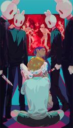 Rule 34 | 6+boys, blonde hair, blood, bloody knife, controller, facing away, from behind, game controller, head-mounted display, indian style, jaemin107, knife, looking at another, male focus, mask, multiple boys, on floor, original, pants, purple hair, rabbit mask, shirt, short hair, shorts, sitting, surrounded, sweater, t-shirt, toy gun, video game, virtual reality