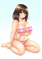 Rule 34 | 1girl, blush, breasts, brown eyes, brown hair, cleavage, full body, large breasts, looking at viewer, mikan kougyou, navel, open mouth, original, plump, sitting, smile, solo, swimsuit