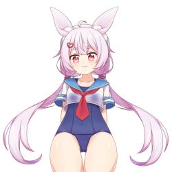 Rule 34 | 1girl, :3, animal ear fluff, animal ears, arms behind back, crop top, dokumi, hair ornament, hairclip, hat, long hair, low twintails, rabbit ears, school swimsuit, shirt, simple background, solo, swimsuit, thigh gap, thighs, tomari mari, tomari mari channel, twintails, virtual youtuber, white background, white hat, white shirt
