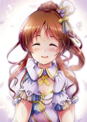 Rule 34 | 1girl, ^ ^, blush, brown hair, closed eyes, crown, closed eyes, gloves, hands up, highres, idolmaster, idolmaster cinderella girls, ment, mini crown, open mouth, smile, solo, sweat, takamori aiko, upper body, white gloves