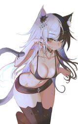 Rule 34 | 1girl, animal ears, black hair, blush, breasts, cat ears, cat girl, cat tail, choker, cleavage, collarbone, grey hair, hair ornament, highres, hololive, hololive english, long hair, looking at viewer, medium breasts, miniskirt, multicolored hair, navel, s7nsles, shiori novella, shiori novella (1st costume), skirt, solo, split-color hair, tail, thighhighs, two-tone hair, virtual youtuber, yellow eyes