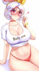 Rule 34 | 1girl, 3:, anisdrawn, blush, bracelet, breasts, choker, clothes writing, commentary, crop top, hand up, heart, highres, jewelry, large breasts, looking at viewer, midriff, navel, nintendo, no pants, panties, pointy ears, purah, red choker, red eyes, red panties, round eyewear, shirt, short sleeves, simple background, sitting, solo, stomach, t-shirt, the legend of zelda, the legend of zelda: tears of the kingdom, thighs, underwear, white background, white hair, white shirt