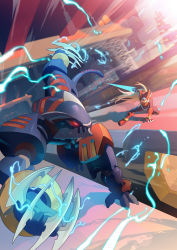 Rule 34 | absurdres, android, battle, blonde hair, electricity, energy blade, energy sword, energy weapon, fighting, fighting stance, helmet, highres, holding, holding sword, holding weapon, mega man (series), mega man zero (series), mega man zero 2, motion blur, ponytail, sword, tanziya (codlxcold), train, weapon, zero(z) (mega man), zero (mega man)