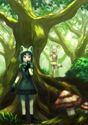 Rule 34 | 2girls, animal ears, black dress, black hair, black ribbon, blonde hair, boots, brown eyes, commentary request, common raccoon (kemono friends), dress, fennec (kemono friends), forest, giant mushroom, grass, grey hair, hand on own hip, hand to own mouth, highres, kemono friends, looking afar, multicolored hair, multiple girls, mushroom, nature, orange dress, raccoon ears, raccoon tail, ribbon, short hair, skirt, tail, tree, wasabi60, yellow skirt
