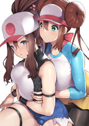 Rule 34 | 2girls, arm strap, arm under breasts, baseball cap, black legwear, black vest, blue eyes, blue sleeves, blush, breast hold, breast press, breasts, brown hair, commentary, creatures (company), cutoffs, denim, denim shorts, double bun, dress, game freak, grabbing, grabbing another&#039;s breast, grabbing from behind, hair between eyes, hair bun, hat, heart, high ponytail, hilda (pokemon), large breasts, long hair, looking at another, multiple girls, nagase haruhito, nintendo, open clothes, open mouth, open vest, pantyhose, pokemon, pokemon bw, pokemon bw2, raglan sleeves, rosa (pokemon), shirt, short dress, shorts, simple background, symbol-only commentary, thigh strap, twintails, vest, visor cap, white background, white shirt, wristband, yellow shorts, yuri