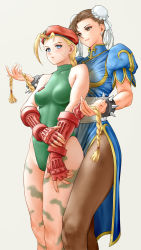Rule 34 | 2girls, bare shoulders, beret, blonde hair, blue eyes, blush, bracelet, braid, breasts, brown eyes, brown hair, brown legwear, cammy white, camouflage, capcom, china dress, chinese clothes, chun-li, commentary request, covered collarbone, double bun, dress, earrings, facial scar, fingerless gloves, fingernails, gauntlets, gloves, grabbing another&#039;s hair, green leotard, grey background, hair bun, hair ornament, hat, highleg, highleg leotard, highres, jewelry, legs together, leotard, long hair, looking at viewer, medium breasts, multiple girls, pantyhose, parted bangs, puffy short sleeves, puffy sleeves, red headwear, scar, scar on cheek, scar on face, short sleeves, simple background, skin tight, sleeveless, smile, spiked bracelet, spikes, street fighter, sweat, sweatdrop, twin braids, twintails, x chitch