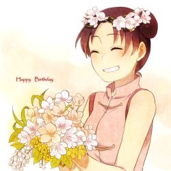 Rule 34 | 1girl, asaa, bare shoulders, black hair, blush, bouquet, breasts, chinese clothes, double bun, english text, closed eyes, female focus, flower, grin, hair flower, hair ornament, happy birthday, head wreath, holding, naruto, naruto (series), pink shirt, shirt, short hair, sleeveless, sleeveless shirt, smile, solo, tenten (naruto), upper body, white background