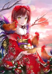 Rule 34 | 1girl, animal, animal on shoulder, bare tree, basket, bird, blunt bangs, blush, bow, brown hair, chick, chicken, egg, flower, fur trim, hair bow, holding, holding basket, japanese clothes, kimono, long sleeves, looking at viewer, marmoset0, obi, open mouth, original, red bow, rooster, sash, side ponytail, sitting, smile, snow, solo, teeth, tree, wide sleeves, yellow eyes