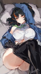 Rule 34 | 1girl, absurdres, arm up, ass, bed, collared shirt, from above, highres, knees up, legwear pull, looking to the side, lying, pillow, ponytail, see-through clothes, see-through shirt, shirt, sweat, zenless zone zero, zhu yuan