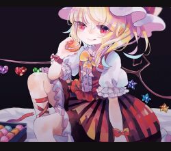 Rule 34 | 1girl, ascot, bat wings, blonde hair, crystal, flandre scarlet, food, hat, hat ribbon, heart, hiyuu (hiyualice), macaron, mob cap, multicolored wings, one side up, puffy short sleeves, puffy sleeves, red eyes, red skirt, red vest, ribbon, short sleeves, side ponytail, skirt, skirt set, solo, star (symbol), striped clothes, tongue, tongue out, touhou, vest, white hat, wings, yellow ascot