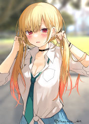 Rule 34 | 1girl, absurdres, alternate hairstyle, black choker, blonde hair, blue skirt, blurry, blurry background, blush, breasts, bunching hair, choker, cleavage, commentary request, ear piercing, earrings, green necktie, highres, jewelry, kitagawa marin, long hair, looking at viewer, low twintails, medium breasts, necktie, piercing, red eyes, school uniform, shirt, skirt, solo, sono bisque doll wa koi wo suru, tied shirt, twintails, twitter username, white shirt, yukari (rihenara doll)
