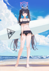 Rule 34 | 1girl, :&lt;, absurdres, animal ear fluff, animal ears, bare arms, bare legs, bare shoulders, barefoot, beach, bikini, bikini skirt, black bikini, black hair, blue archive, blue ribbon, blue sky, blush, breasts, cat ears, closed mouth, cloud, cloudy sky, commentary, crossed bangs, day, feet, fieryonion, frilled bikini, frills, full body, gluteal fold, hair between eyes, hair ribbon, halo, halterneck, highres, holding, holding behind back, holding surfboard, horizon, long hair, looking at viewer, medium breasts, navel, ocean, off-shoulder bikini, off shoulder, official alternate costume, outdoors, red eyes, red halo, ribbon, serika (blue archive), serika (swimsuit) (blue archive), shadow, shore, skindentation, sky, solo, standing, stomach, surfboard, swimsuit, toes, twintails, underboob, very long hair, water, waves