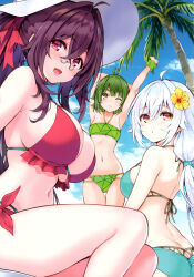 Rule 34 | 3girls, absurdres, ahoge, arm up, ass, bare shoulders, bikini, blue sky, blush, breasts, brown hair, butt crack, cleavage, cloud, cloudy sky, cu-no, day, flat chest, flower, green eyes, green hair, hair flower, hair ornament, halterneck, hat, hibiscus, highres, hisen kaede, kokonoe tamaki, large breasts, lips, long hair, looking at viewer, looking back, medium breasts, multiple girls, navel, nonono futaba, one eye closed, open mouth, outdoors, palm leaf, palm tree, parted lips, rapua qive, red eyes, scan, simple background, sitting, sky, smile, stomach, sun hat, swimsuit, thighs, tree, white hair, yellow eyes