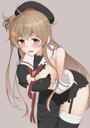 Rule 34 | 1girl, ahoge, asymmetrical legwear, black gloves, black thighhighs, blush, breasts, cleavage, covering privates, covering breasts, cowboy shot, embarrassed, garter straps, gloves, grey background, hair flaps, hair ornament, hairclip, heterochromia, kantai collection, katoshigu, large breasts, leaning forward, long hair, looking at viewer, murasame (kancolle), red eyes, sailor collar, shirt, sidelocks, simple background, single sleeve, skirt, solo, thighhighs, torn clothes, torn shirt, torn skirt, two side up, uneven legwear, upper body, very long hair, yellow eyes