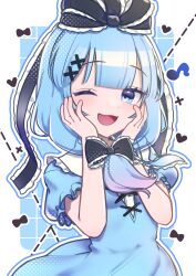 Rule 34 | 1girl, absurdres, alternate color, black bow, black ribbon, blue dress, blue eyes, blue hair, bow, dress, frilled bow, frilled ribbon, frilled sleeves, frills, front ponytail, hair bow, hair ribbon, hands on own face, heart, highres, kagiyama hina, long hair, looking at viewer, one eye closed, open mouth, pudding modoki, ribbon, short sleeves, smile, solo, touhou, upper body