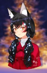 Rule 34 | 1girl, absurdres, animal ear fluff, animal ears, artpatient, black hair, capelet, christmas, closed mouth, commentary, cropped torso, english commentary, hair ornament, highres, hololive, long hair, looking at viewer, low twintails, multicolored hair, ookami mio, ookami mio (street), orange eyes, red capelet, red hair, smile, streaked hair, twintails, upper body, virtual youtuber, wolf ears, wolf girl