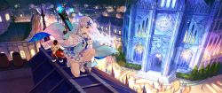 Rule 34 | 1girl, ahoge, bare shoulders, blue dress, blurry, bokeh, building, cat, choker, church, city, city lights, cityscape, coat, creature, depth of field, dress, fantasy, finger on trigger, fuzichoco, gun, hair ornament, highres, holding, kenja no deshi wo nanoru kenja, layered dress, long coat, long hair, looking at viewer, miniskirt, mira (kendeshi), night, off shoulder, official art, on one knee, outdoors, rooftop, shoes, sign, skirt, smile, socks, thighs, v-shaped eyebrows, weapon, white coat, white hair, white legwear, wide shot