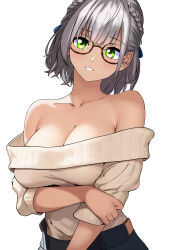 Rule 34 | 1girl, bare shoulders, bow, braid, breasts, cleavage, eqbal lynx, glasses, green eyes, hair bow, highres, hololive, large breasts, looking at viewer, off-shoulder sweater, off shoulder, official alternate costume, shirogane noel, shirogane noel (casual), short hair, solo, sweater, virtual youtuber