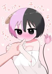 Rule 34 | 1boy, 1girl, absurdres, black hair, blush, breasts, cleavage, demon girl, demon horns, demon tail, finger sucking, heart, heart-shaped pupils, highres, horns, large breasts, multicolored hair, off shoulder, oppai loli, original, oversized clothes, oversized shirt, pink background, pink hair, saliva, shirt, simple background, single horn, solo focus, split-color hair, symbol-shaped pupils, t-shirt, tail, two-tone hair, white shirt, zurikishi